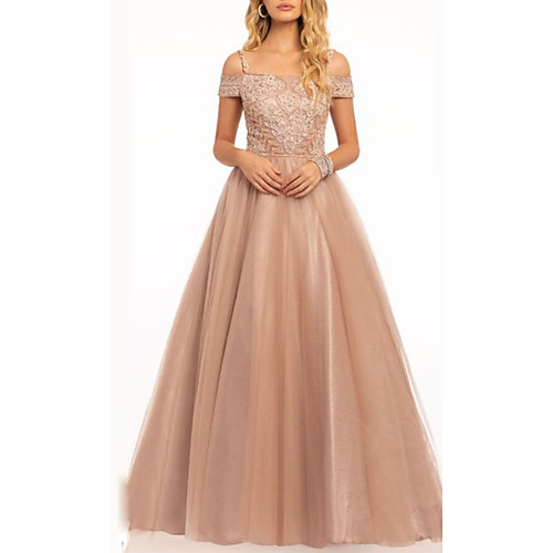 

A-Line Spaghetti Strap Floor Length Tulle Elegant Prom / Formal Evening Dress 2020 with Embroidery / Pleats