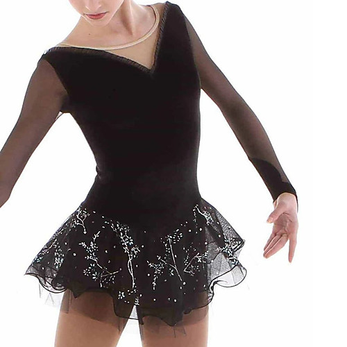 

Figure Skating Dress Women's Girls' Ice Skating Dress Black Spandex High Elasticity Training Competition Skating Wear Handmade Patchwork Crystal / Rhinestone Long Sleeve Ice Skating Figure Skating