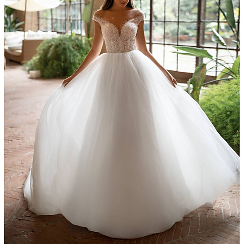 

A-Line Off Shoulder Court Train Tulle Short Sleeve Plus Size Made-To-Measure Wedding Dresses with Beading 2020