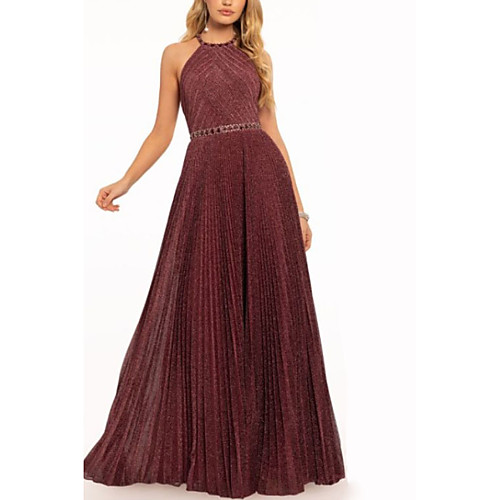 

A-Line Halter Neck Floor Length Polyester Elegant Prom / Formal Evening Dress 2020 with Sash / Ribbon / Pleats