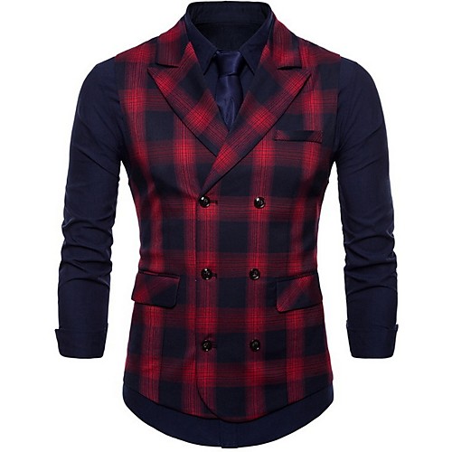 

Men's Vest, Plaid Notch Lapel Polyester Black / Red / Green