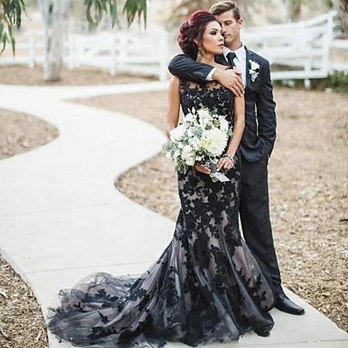 

Mermaid / Trumpet Jewel Neck Court Train Lace / Satin / Tulle Regular Straps Black Made-To-Measure Wedding Dresses with Appliques 2020