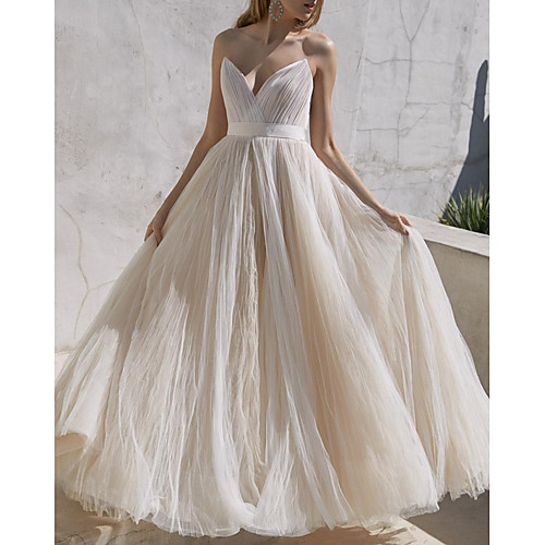 

A-Line Sweetheart Neckline Sweep / Brush Train Tulle Strapless Plus Size Made-To-Measure Wedding Dresses with Bow(s) / Draping 2020