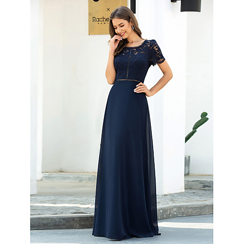 

Sheath / Column Scoop Neck Floor Length Chiffon / Lace Elegant / Blue Wedding Guest / Formal Evening Dress with Lace Insert 2020