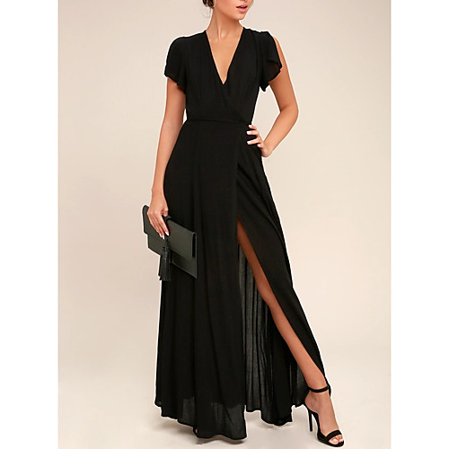 

A-Line V Neck Ankle Length Chiffon Black Engagement / Formal Evening Dress 2020 with Pleats / Split