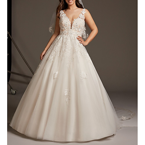 

A-Line V Neck Sweep / Brush Train Lace / Tulle Regular Straps Plus Size Made-To-Measure Wedding Dresses with Embroidery 2020