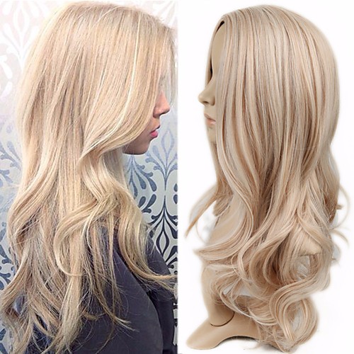 

Synthetic Wig Curly kinky Straight Asymmetrical Wig Long Blonde Synthetic Hair 27 inch Women's Best Quality Blonde