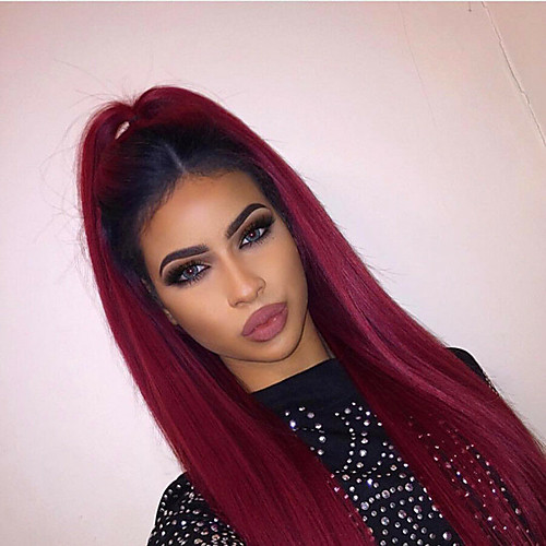 

Remy Human Hair Lace Front Wig Deep Parting style Brazilian Hair Straight Burgundy Wig 150% Density Thick Natural Hairline With Bleached Knots Bleached Knots Women's Human Hair Lace Wig Premierwigs
