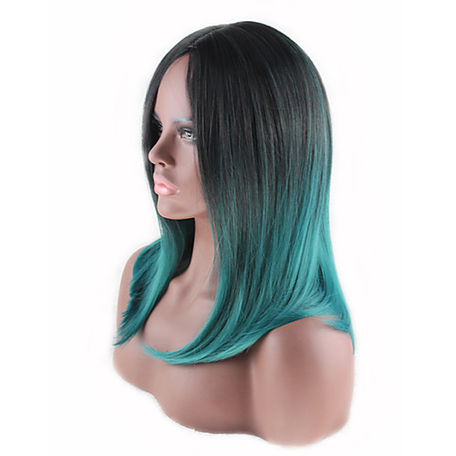 

Synthetic Wig kinky Straight Asymmetrical Wig Medium Length Black / Green Synthetic Hair 17 inch Women's Color Gradient Best Quality Middle Part Green