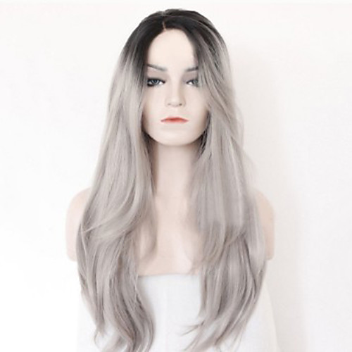 

Synthetic Wig kinky Straight Deep Parting Wig Long Grey Synthetic Hair 27 inch Women's Best Quality Middle Part Gray