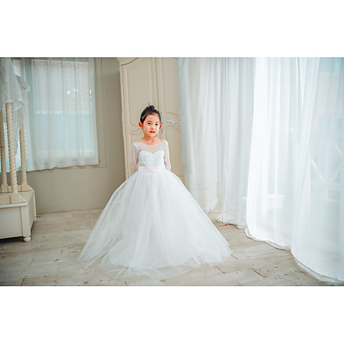 

Ball Gown Floor Length Flower Girl Dress - Lace / Tulle Long Sleeve Boat Neck with Bows / Belt