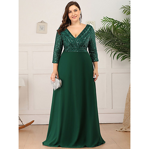 

Sheath / Column V Neck Floor Length Polyester 3/4 Length Sleeve Plus Size / Elegant Mother of the Bride Dress with Sequin 2020