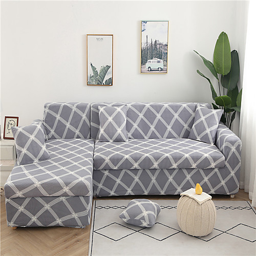 

Grey Stripes Plaid Print Dustproof All-powerful Slipcovers Stretch L Shape Sofa Cover Super Soft Fabric Couch Cover with One Free Pillow Case