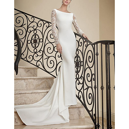 

Sheath / Column Bateau Neck Sweep / Brush Train Lace / Satin Long Sleeve Plus Size Made-To-Measure Wedding Dresses with Buttons 2020