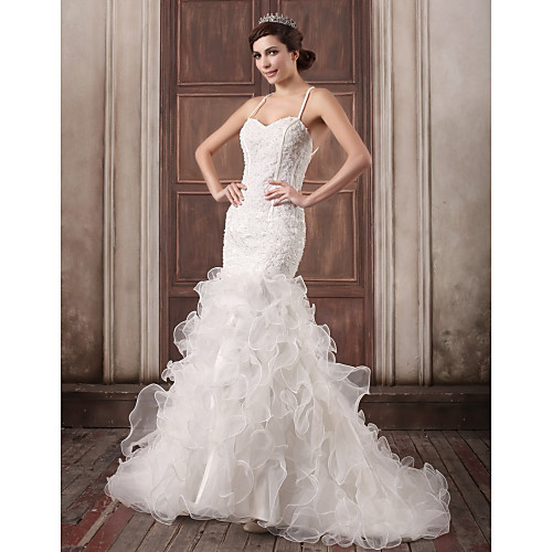 

Mermaid / Trumpet Sweetheart Neckline Court Train Lace / Organza / Satin Spaghetti Strap Made-To-Measure Wedding Dresses with Beading / Appliques / Cascading Ruffles 2020