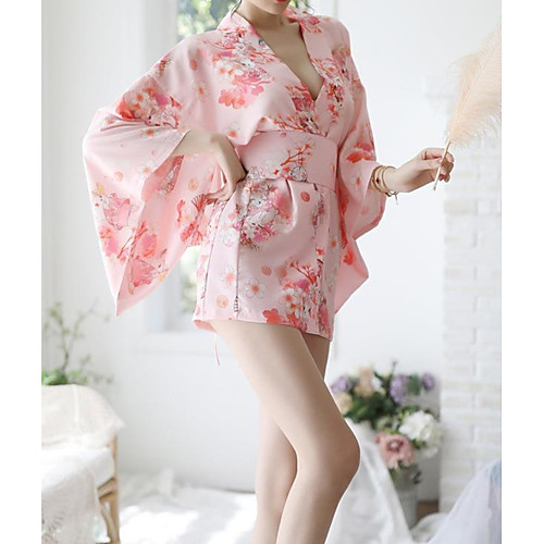 

Women's Ruffle Sexy Kimono Nightwear Print Blushing Pink One-Size