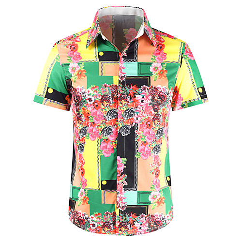 

Men's Daily Going out Basic / Street chic Cotton Shirt - Floral / Geometric Print Red / Short Sleeve / Summer / Spread Collar