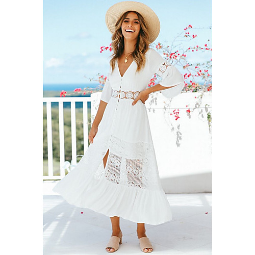 

Women's 2020 White Dress Spring & Summer A Line Solid Color V Neck S M