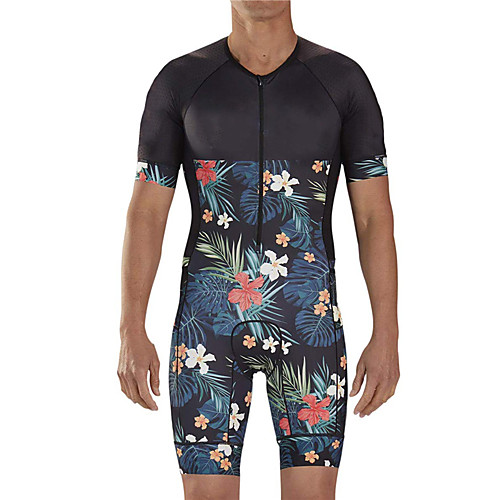 

21Grams Men's Short Sleeve Triathlon Tri Suit Black / Red Geometic Leaf Floral Botanical Bike Clothing Suit UV Resistant Breathable 3D Pad Quick Dry Sweat-wicking Sports Geometic Mountain Bike MTB