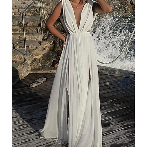 

Women's 2020 Maxi White Dress Spring & Summer Swing Solid Colored Deep V S M Slim