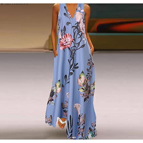 

Women's Maxi Yellow Blue Dress Elegant Swing Geometric V Neck S M