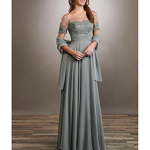 

A-Line Jewel Neck Floor Length Chiffon / Lace Short Sleeve Elegant Mother of the Bride Dress with Appliques / Ruching Mother's Day 2020