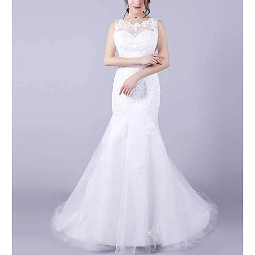 

Mermaid / Trumpet Jewel Neck Floor Length Lace Sleeveless Casual Plus Size Wedding Dresses with Lace Insert 2020