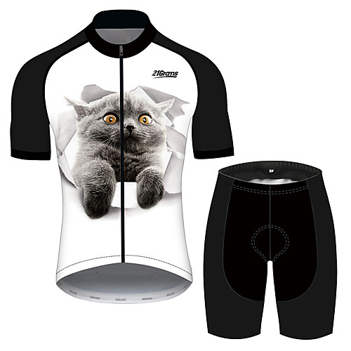 

21Grams Men's Short Sleeve Cycling Jersey with Shorts Black / White Cat Animal Bike Clothing Suit UV Resistant Breathable 3D Pad Quick Dry Reflective Strips Sports Cat Mountain Bike MTB Road Bike