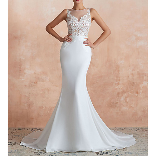 

Mermaid / Trumpet Jewel Neck Sweep / Brush Train Lace / Tulle Sleeveless Sexy Illusion Detail Wedding Dresses with Lace Insert / Appliques 2020