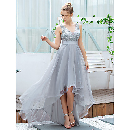 

A-Line V Neck Asymmetrical Tulle Elegant / Grey Cocktail Party / Prom Dress with Appliques / Embroidery 2020