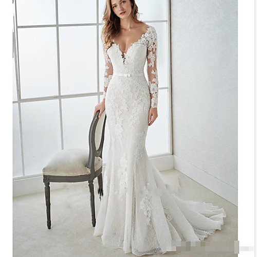 

Mermaid / Trumpet V Neck Sweep / Brush Train Lace / Tulle Long Sleeve Country Illusion Sleeve Wedding Dresses with 2020 / Bishop Sleeve