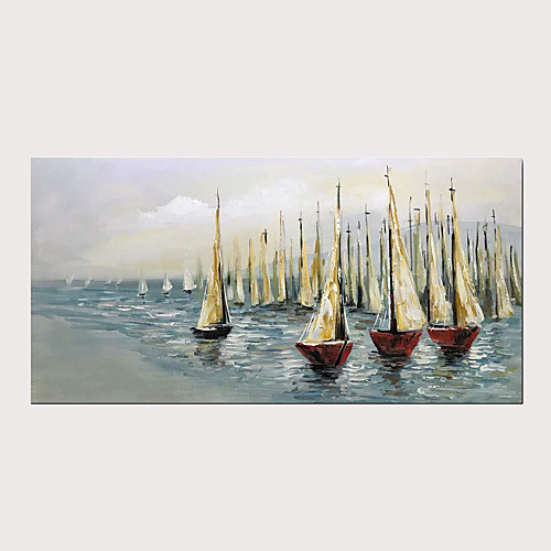 

Oil Hand Painting Sailing Boat on Blue Sea Warm Color Artwork for Home Decoration with Stretched Frame Ready to Hang
