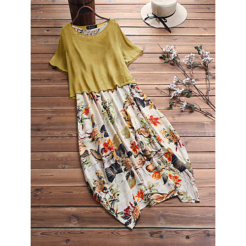 

Female Yellow Green Dress Swing Printing M L / Cotton