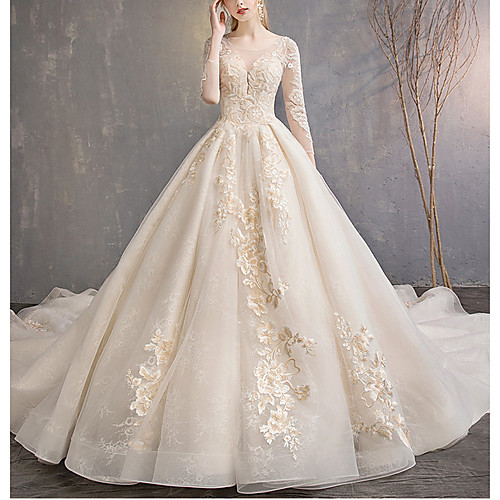 

A-Line Jewel Neck Floor Length Lace / Tulle 3/4 Length Sleeve Casual Plus Size / Illusion Sleeve Wedding Dresses with Lace Insert 2020