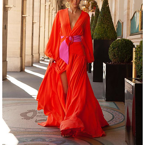 

Women's Maxi Red Dress Basic Daily Date Sheath Solid Colored Deep V Black White Blue Patchwork S M / Belt Not Included