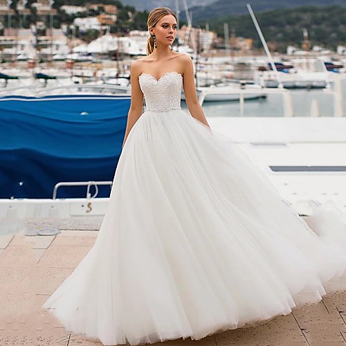 

Ball Gown Strapless Sweep / Brush Train Lace / Tulle Strapless Sexy Plus Size Wedding Dresses with Lace / Beading / Appliques 2020