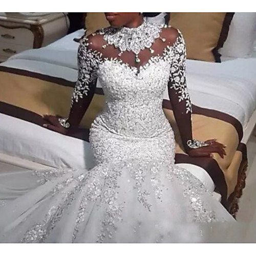 

Mermaid / Trumpet Wedding Dresses Jewel Neck Sweep / Brush Train Lace Tulle Long Sleeve Casual Plus Size with Beading Appliques 2020