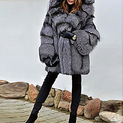 

Women's Party / Daily Basic Winter Regular Faux Fur Coat, Solid Colored Hooded Long Sleeve Faux Fur Gray