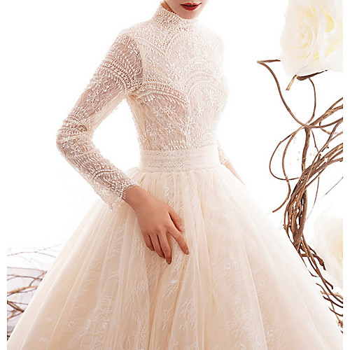

A-Line High Neck Court Train Lace Long Sleeve Country Illusion Sleeve Wedding Dresses with Lace Insert / Appliques 2020