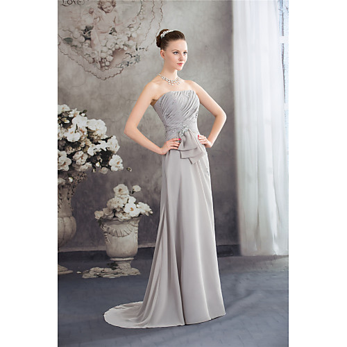 

A-Line Strapless Sweep / Brush Train Chiffon Elegant / Grey Formal Evening / Wedding Guest Dress with Beading / Ruched 2020