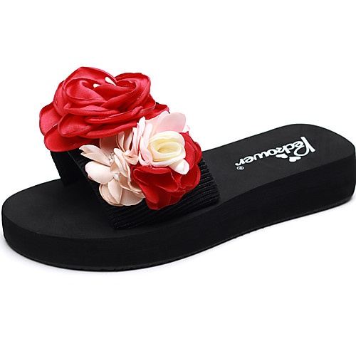 

Women's Slippers & Flip-Flops Flat Heel Open Toe Satin Flower Polyester Sweet / Chinoiserie Walking Shoes Summer Red / Dark Blue