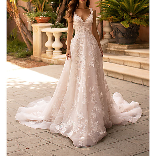 

A-Line V Neck Court Train Polyester Sleeveless Formal Plus Size Wedding Dresses with Lace Insert / Appliques 2020