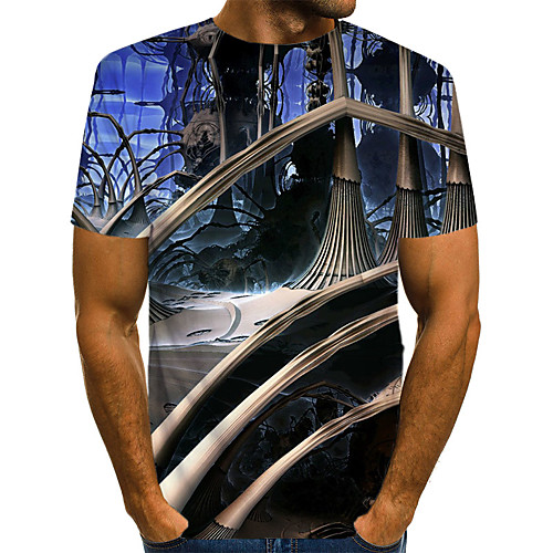 

Men's Daily Going out Basic / Exaggerated T-shirt - Geometric / 3D / Visual Deception Print Dusty Blue