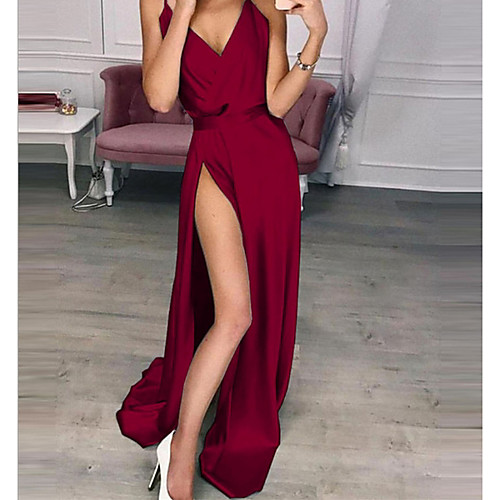 

Women's Maxi Wine Purple Dress Elegant Swing Solid Colored Strap S M Slim