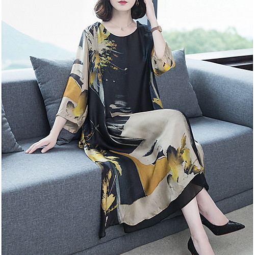 

Women's Maxi Black Dress Shift Geometric M L Slim
