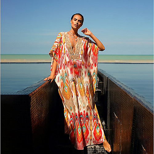 

Women's Maxi Rainbow Dress Elegant Shift Color Block Deep V One-Size Slim