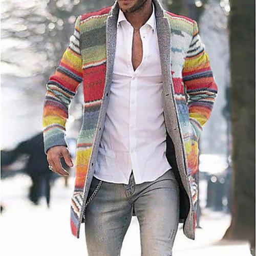 

Men's Daily Fall & Winter Long Coat, Color Block Stand Long Sleeve Polyester Rainbow