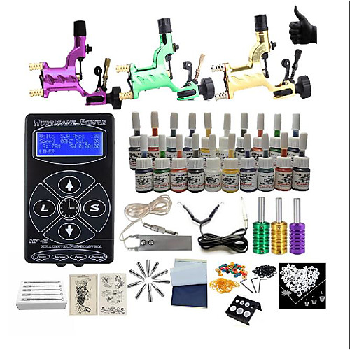 

BaseKey Tattoo Machine Starter Kit - 3 pcs Tattoo Machines with 20 x 5 ml tattoo inks, Professional Aluminum Alloy LED power supply Case Not Included 18 W 3 rotary machine liner & shader