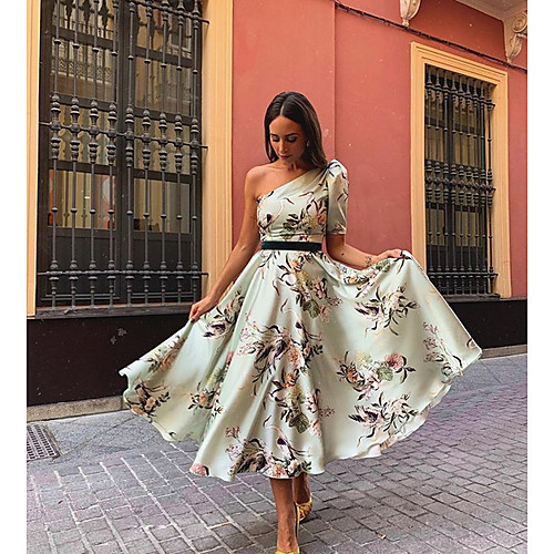 

Women's Maxi Light Green Dress Swing Geometric One Shoulder S M