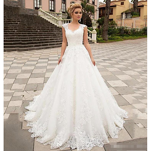 

A-Line V Neck Sweep / Brush Train Lace / Tulle Strapless Country Wedding Dresses with 2020